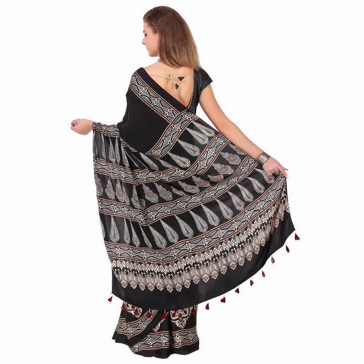 Black blue hand printed modal silk ajrakh saree