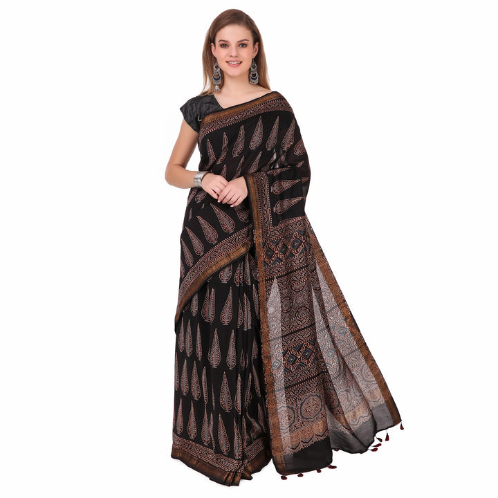 Black cream hand print cotton silk ajrakh saree