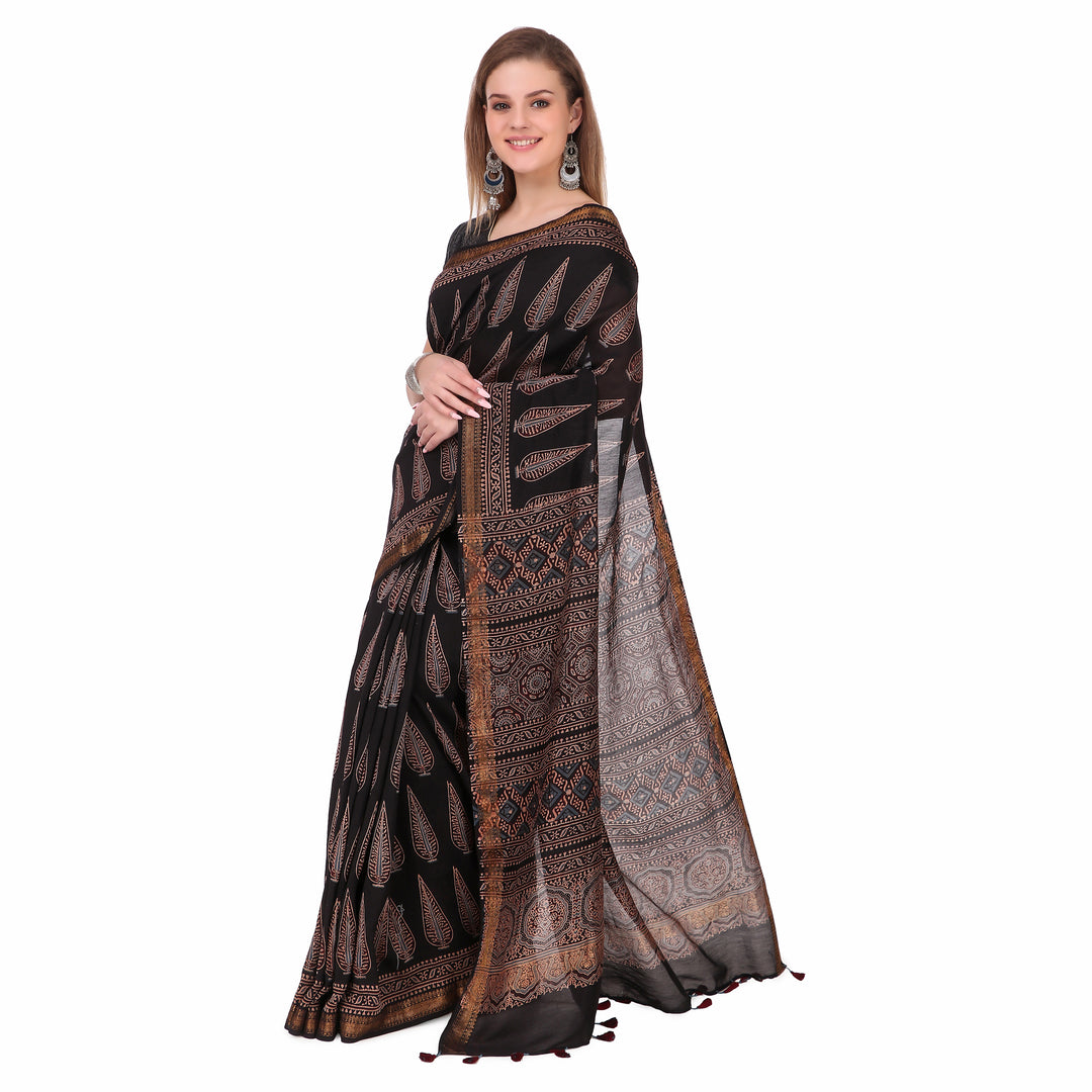Black cream hand print cotton silk ajrakh saree