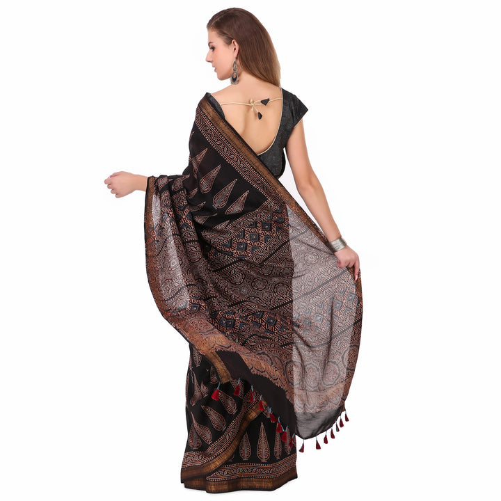 Black cream hand print cotton silk ajrakh saree