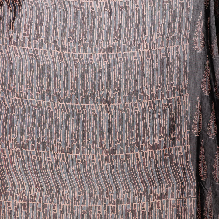 Black cream hand print cotton silk ajrakh saree