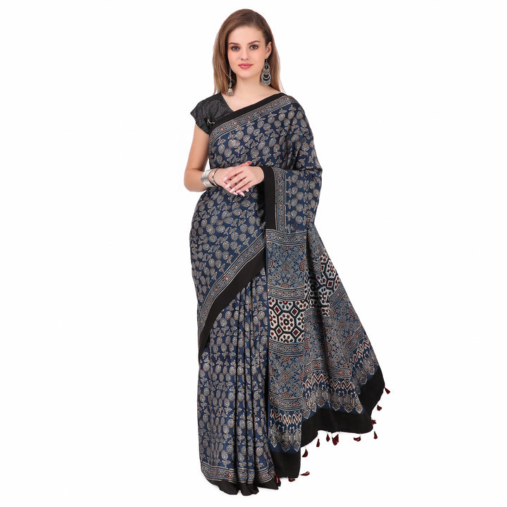 Multicolour hand printed modal silk ajrakh saree