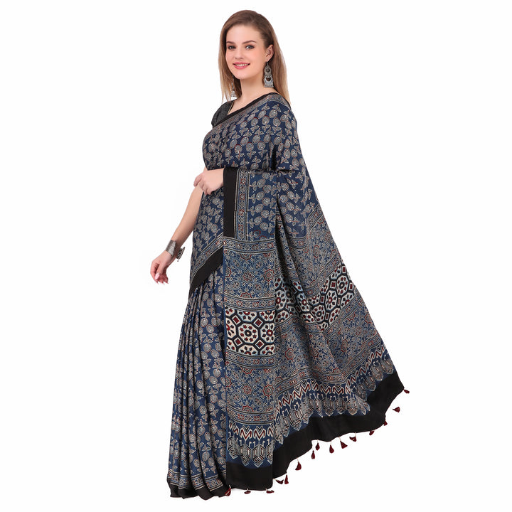 Multicolour hand printed modal silk ajrakh saree