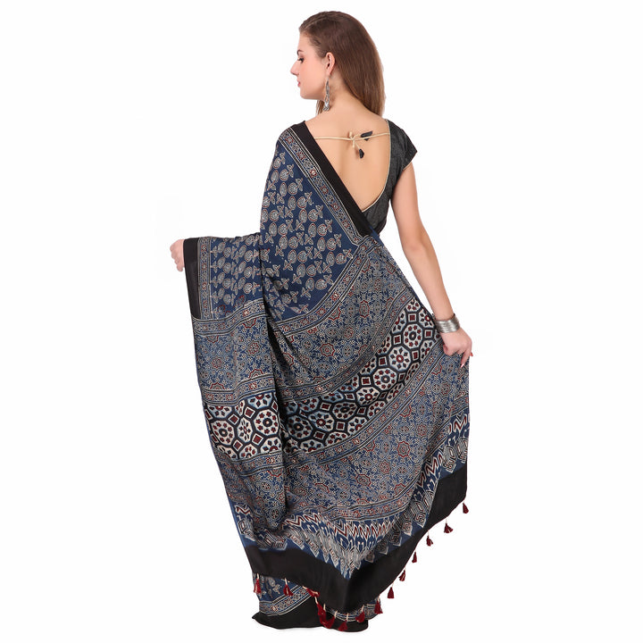 Multicolour hand printed modal silk ajrakh saree