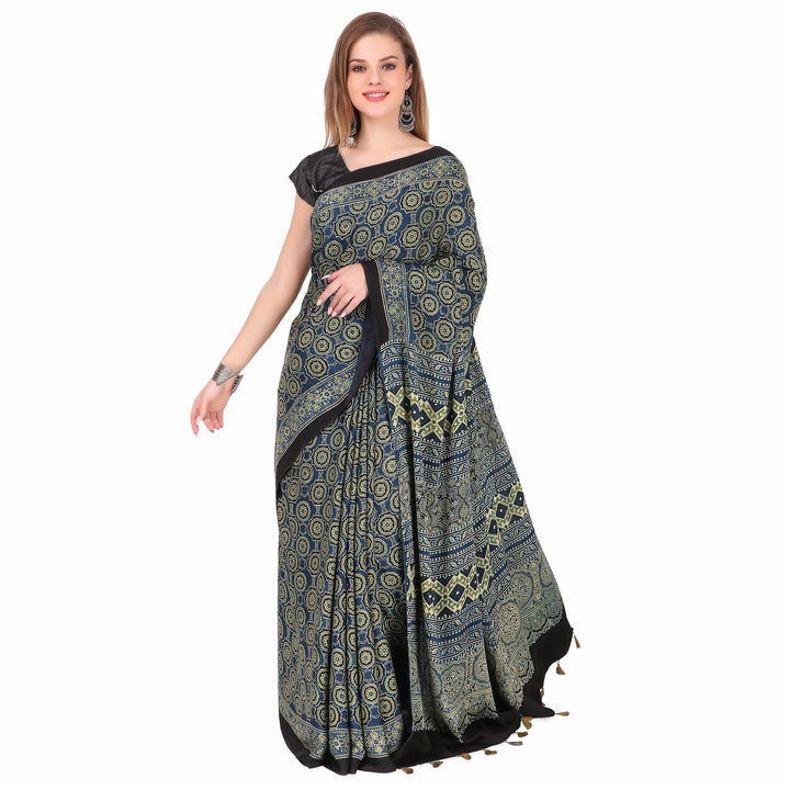 Navy blue cream hand printed modal silk ajrakh saree