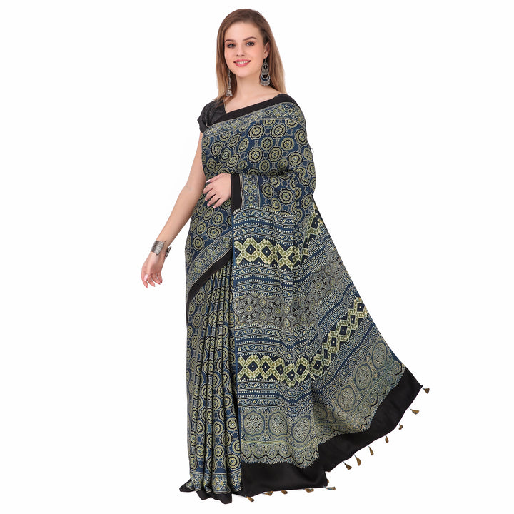 Navy blue cream hand printed modal silk ajrakh saree