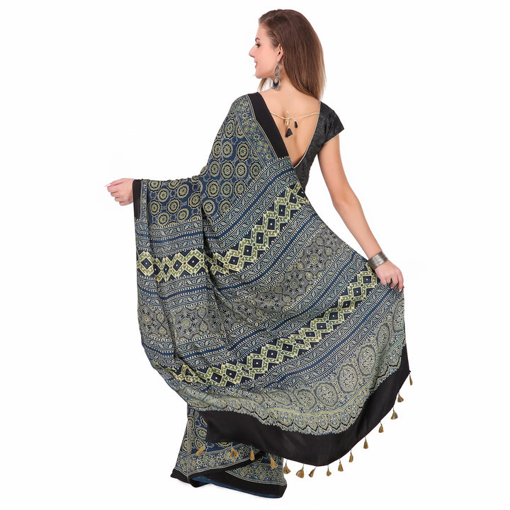 Navy blue cream hand printed modal silk ajrakh saree
