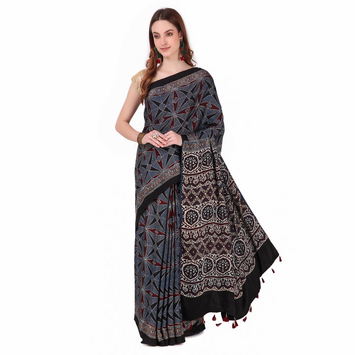 Multi color hand printed modal silk ajrakh saree