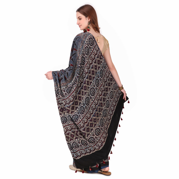 Multi color hand printed modal silk ajrakh saree