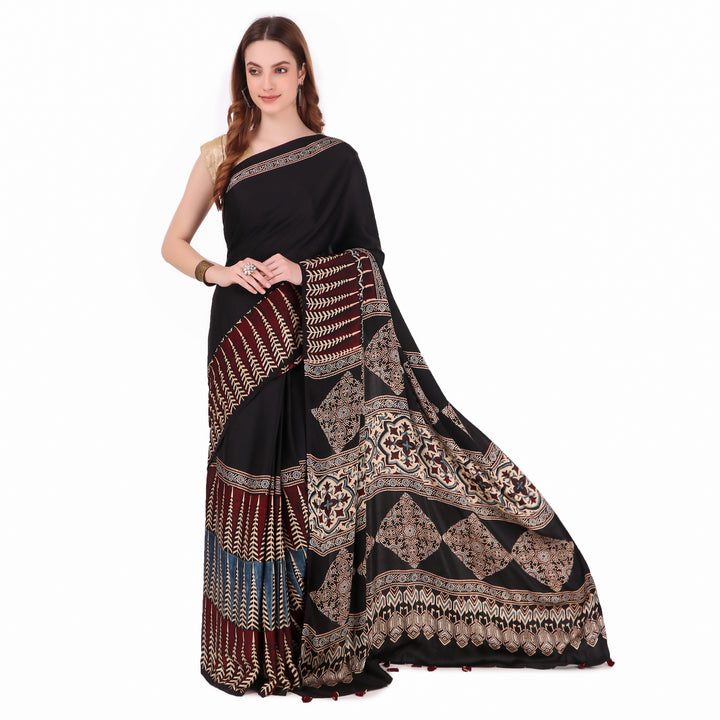 Black cream hand printed modal silk ajrakh saree