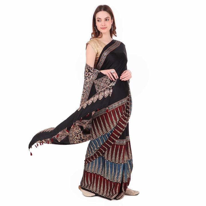 Black cream hand printed modal silk ajrakh saree