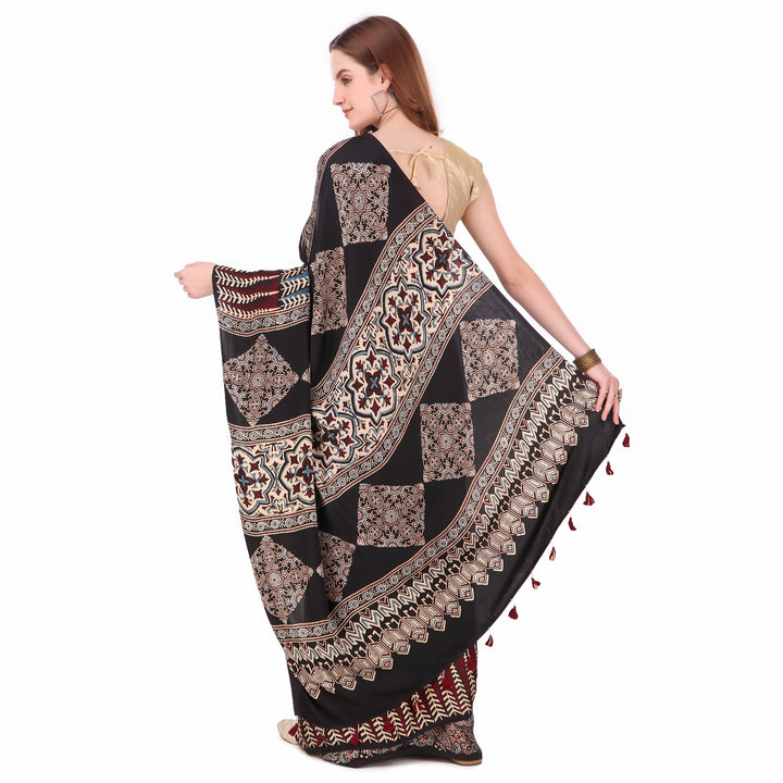 Black cream hand printed modal silk ajrakh saree