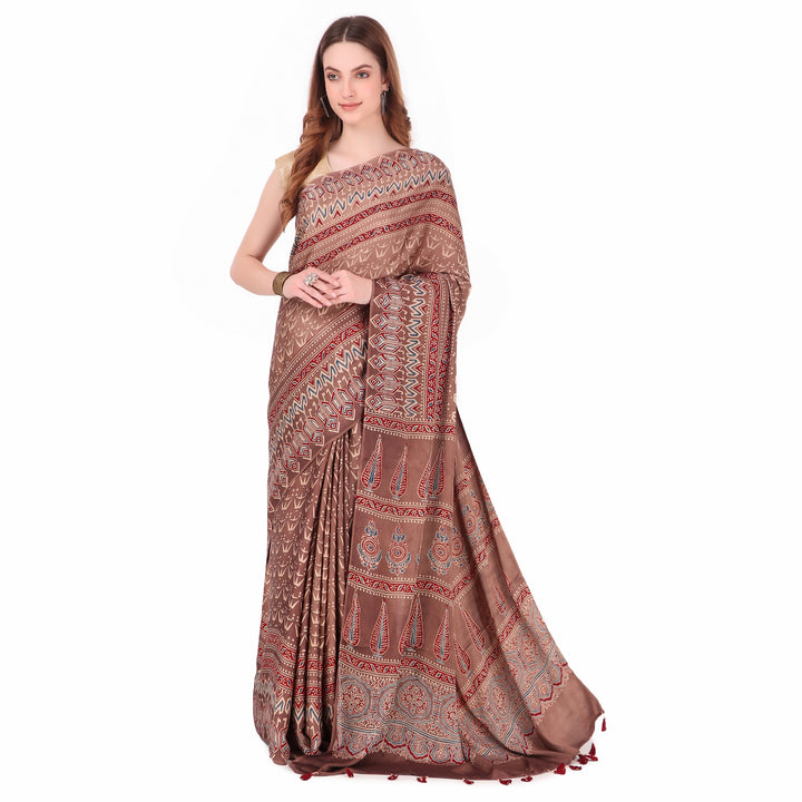 Multicolor hand printed modal silk ajrakh saree