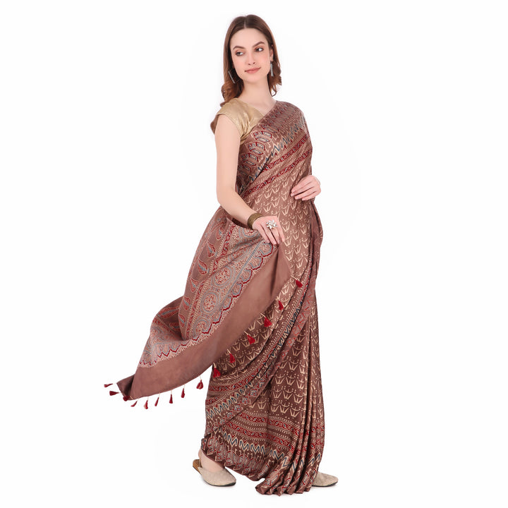 Multicolor hand printed modal silk ajrakh saree