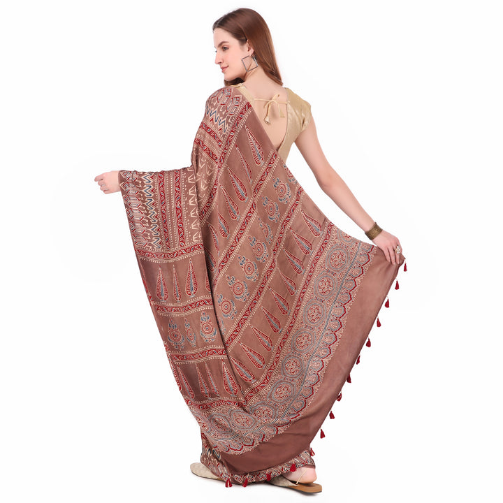 Multicolor hand printed modal silk ajrakh saree