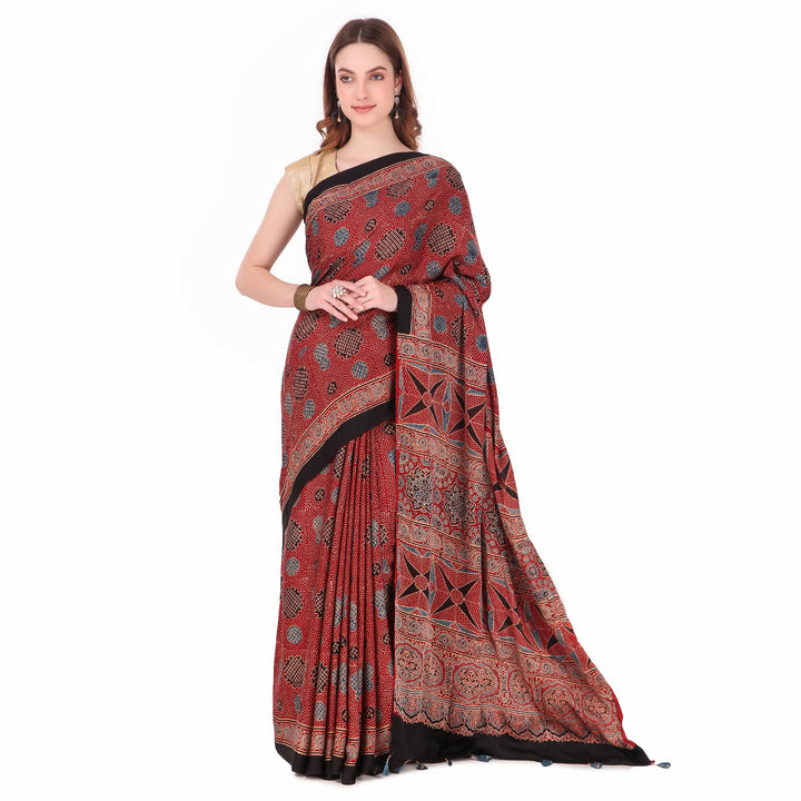 Red cream hand printed modal silk ajrakh saree