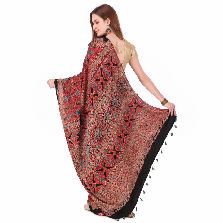 Red cream hand printed modal silk ajrakh saree