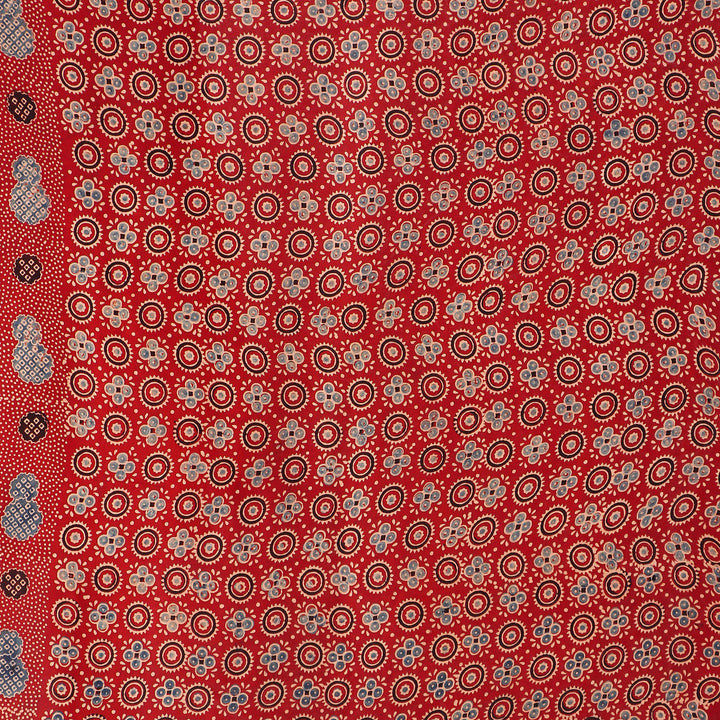 Red cream hand printed modal silk ajrakh saree