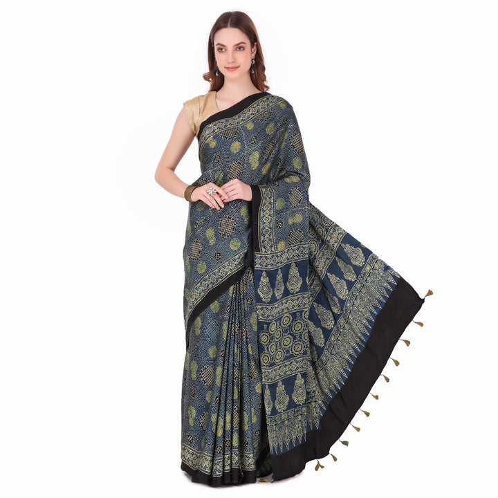 Blue cream hand printed modal silk ajrakh saree