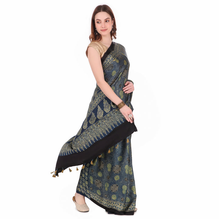 Blue cream hand printed modal silk ajrakh saree