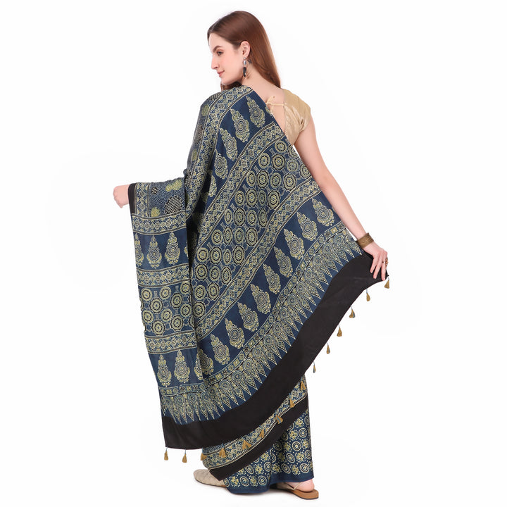Blue cream hand printed modal silk ajrakh saree