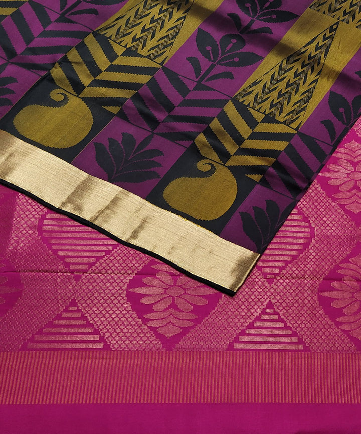 Black with mustard and purple handloom soft silk saree