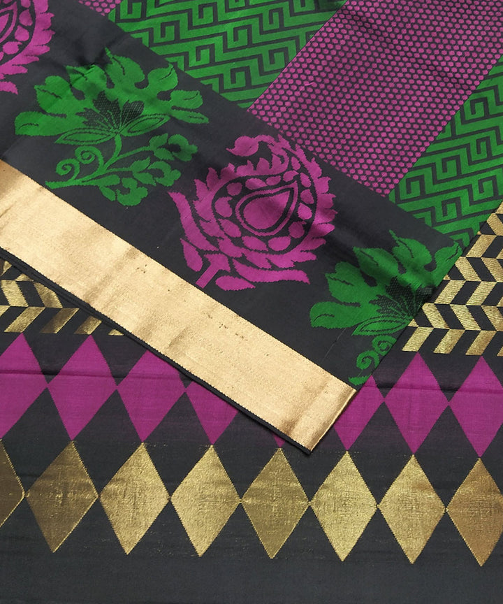 Black with green and purple handloom soft silk saree