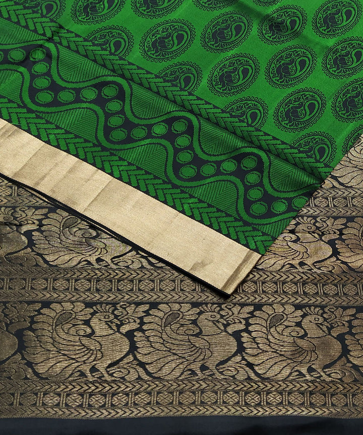 Black with green handloom soft silk peacock motifs saree