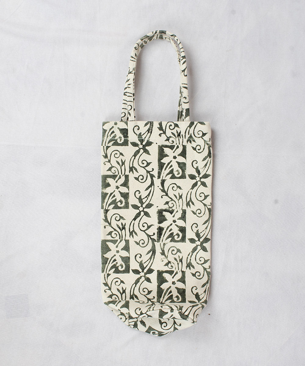 Dark green hand printed kalamkari water bottle bag