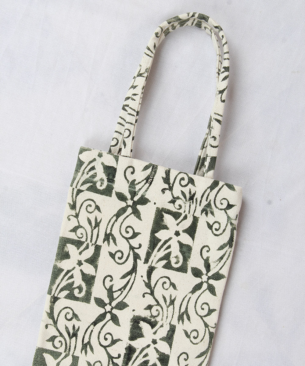 Dark green hand printed kalamkari water bottle bag