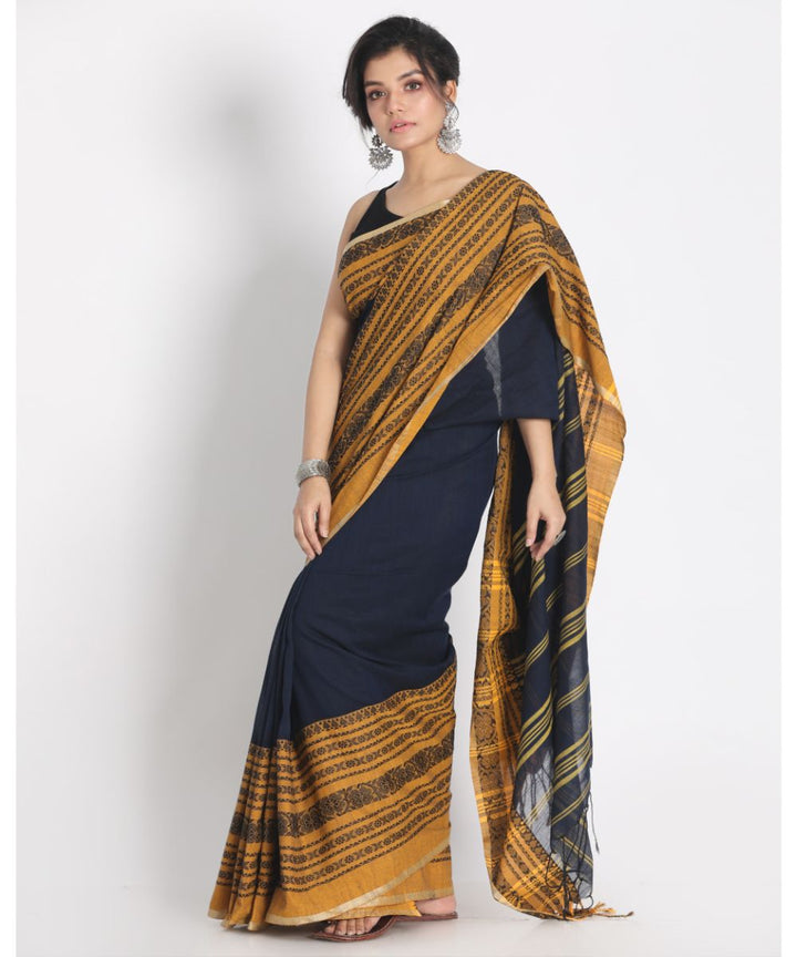 Navy blue mustard handwoven bengal cotton begumpuri saree
