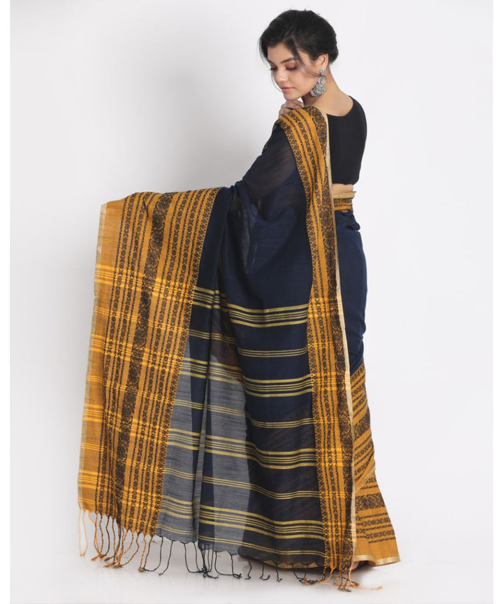 Navy blue mustard handwoven bengal cotton begumpuri saree