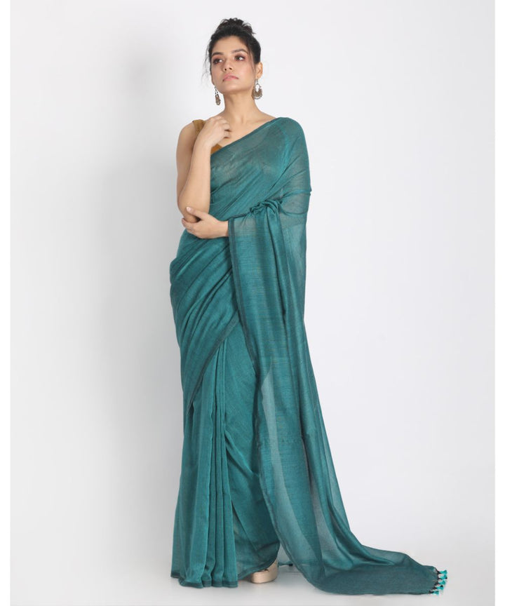 Teal green handwoven bengal cotton saree