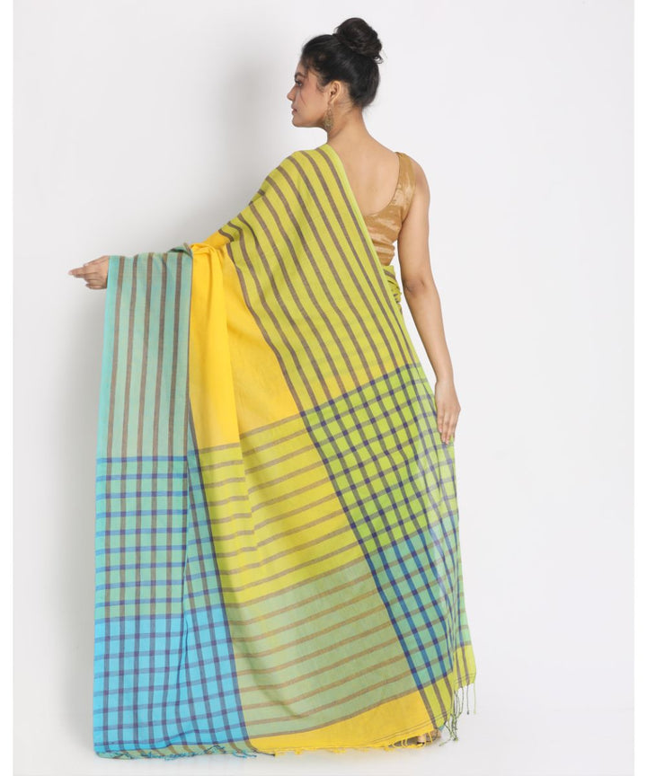 Yellow blue handwoven bengal cotton saree
