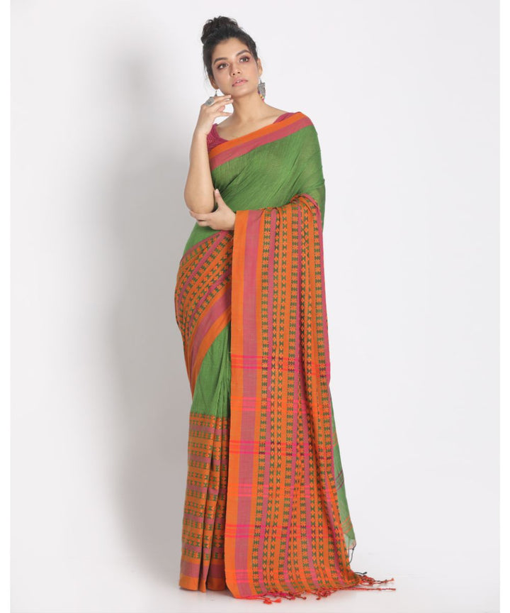 Green orange handwoven bengal cotton begumpuri saree
