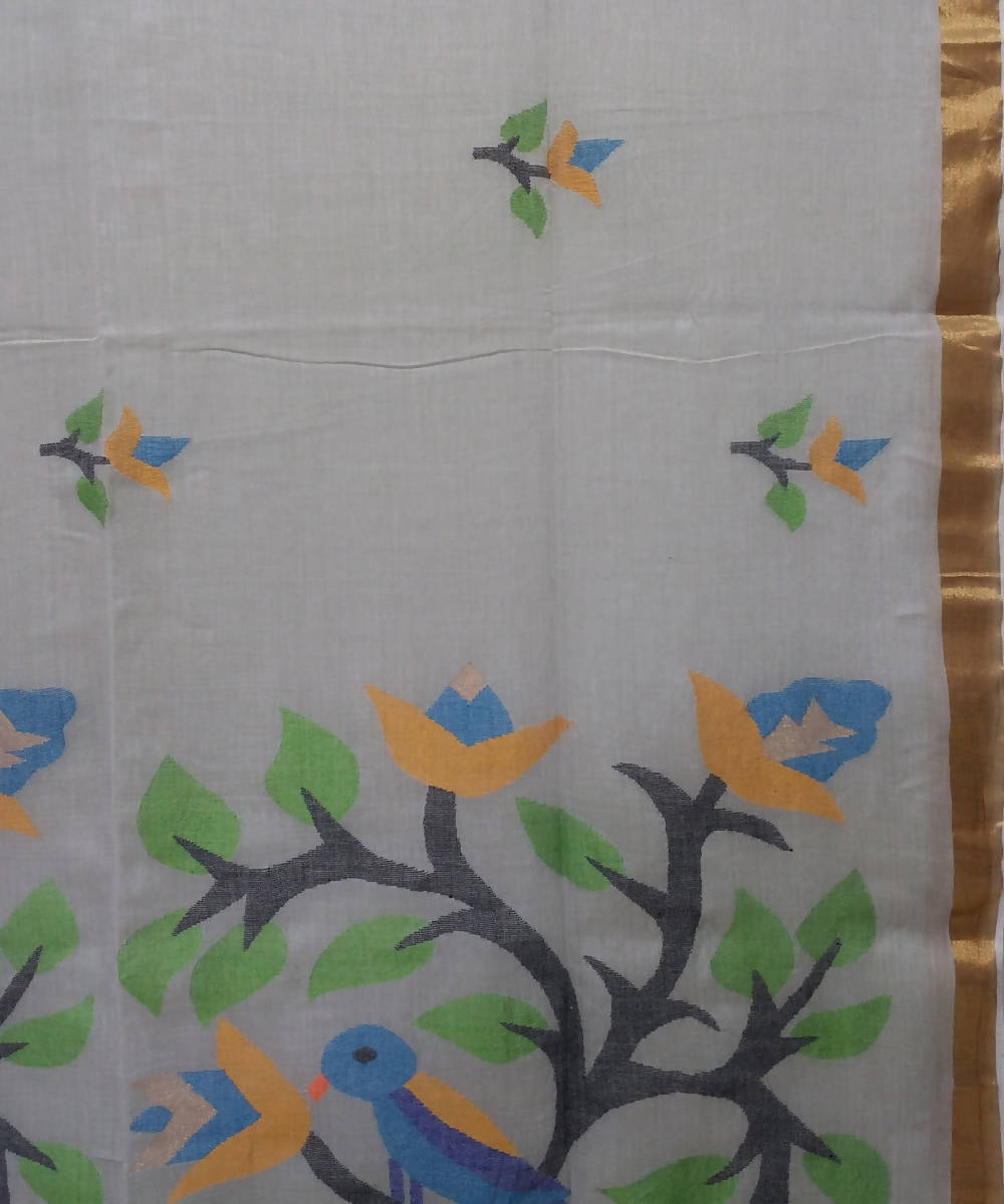 Light Grey Handloom Mulmul Cotton Bengal Jamdani Saree