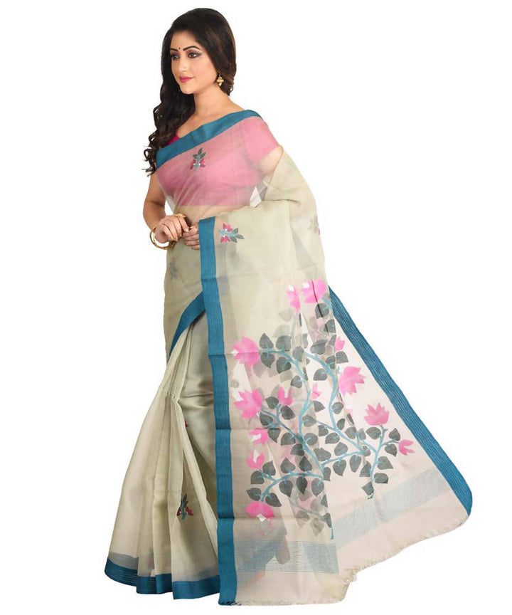 Resham shilpi bengal white silk saree with handwoven jamdani work