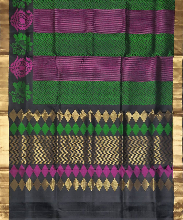Black with green and purple handloom soft silk saree