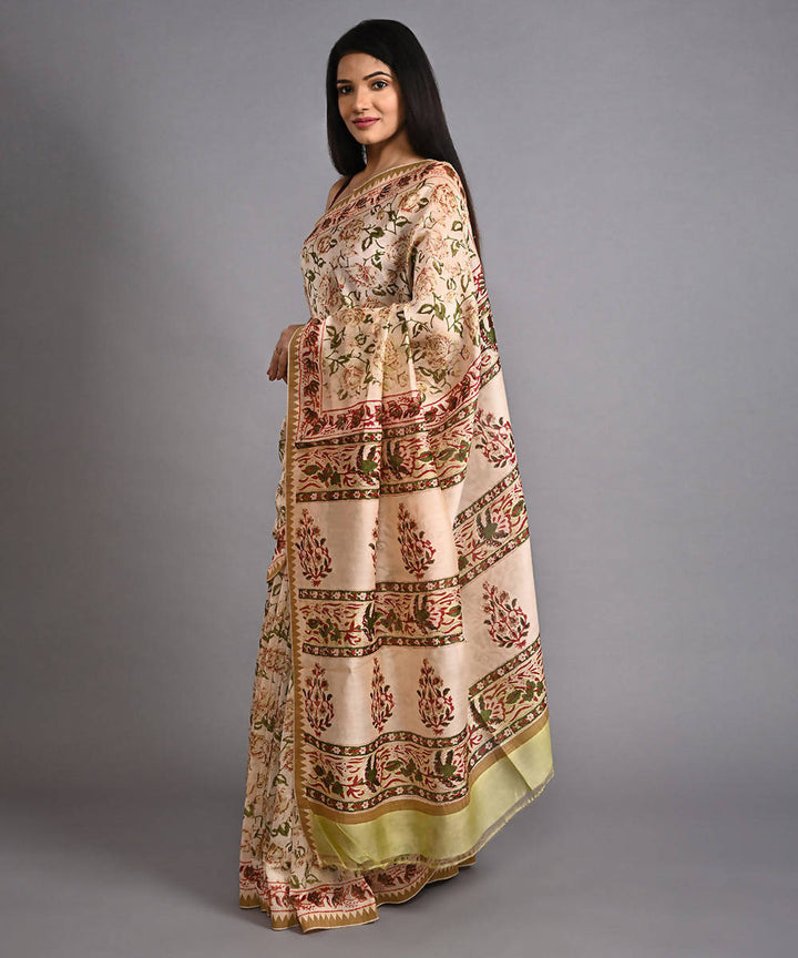 Beige cotton silk hand block printed saree with matching blouse