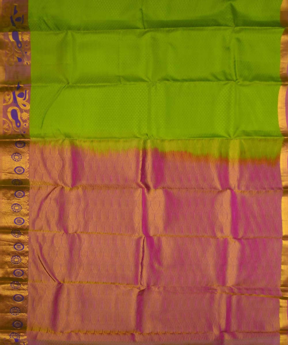 Parrot Green Pink Handloom Embossed Work Dharmavaram Silk Saree