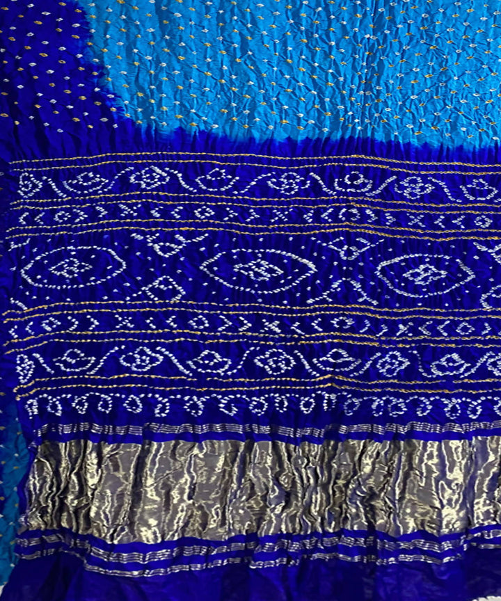 Sky blue hand printed gajji silk bandhani saree