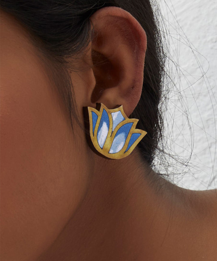 Handcrafted indigo lotus fabric and wood stud earring