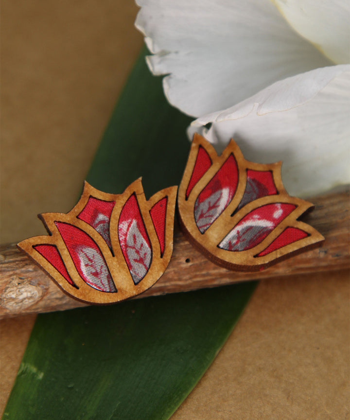Handcrafted red lotus fabric and wood stud earring