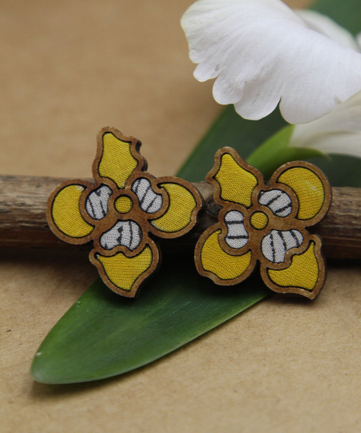 Handcrafted yellow leaf motif fabric and wood stud earring