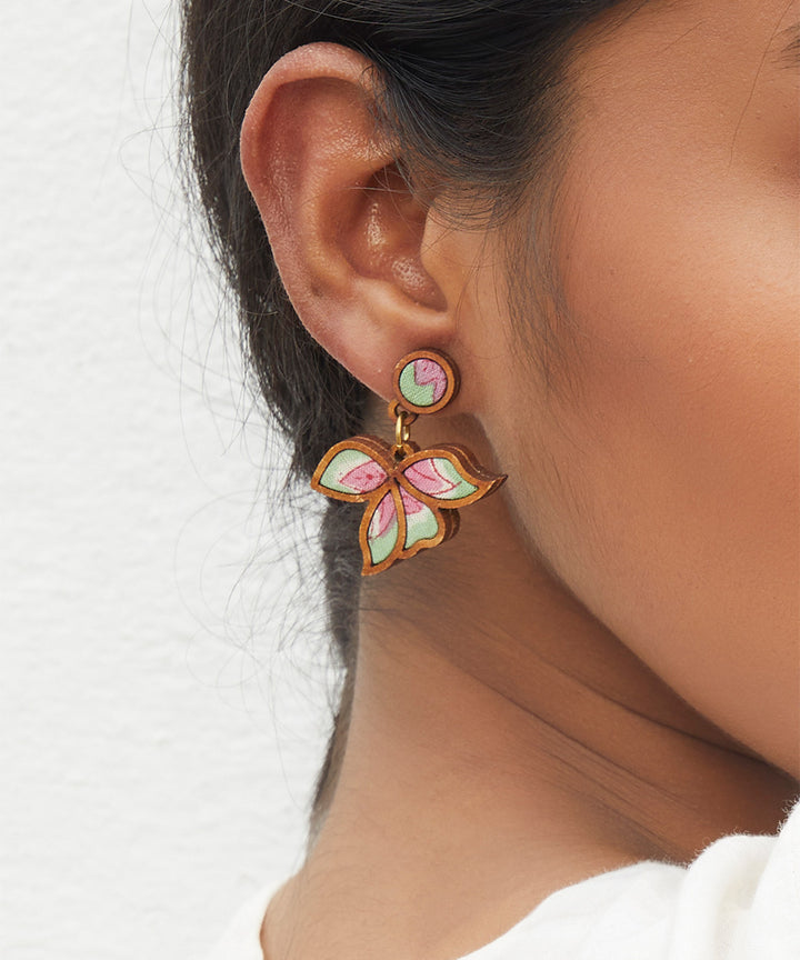 Handcrafted lavender green leaf motif fabric and wood earring