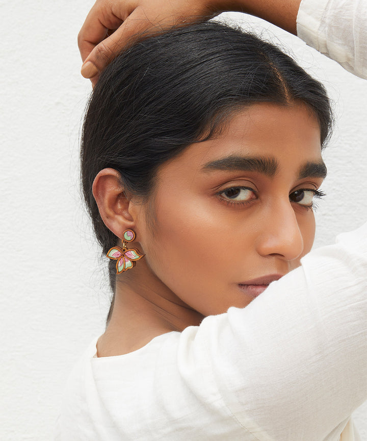 Handcrafted lavender green leaf motif fabric and wood earring