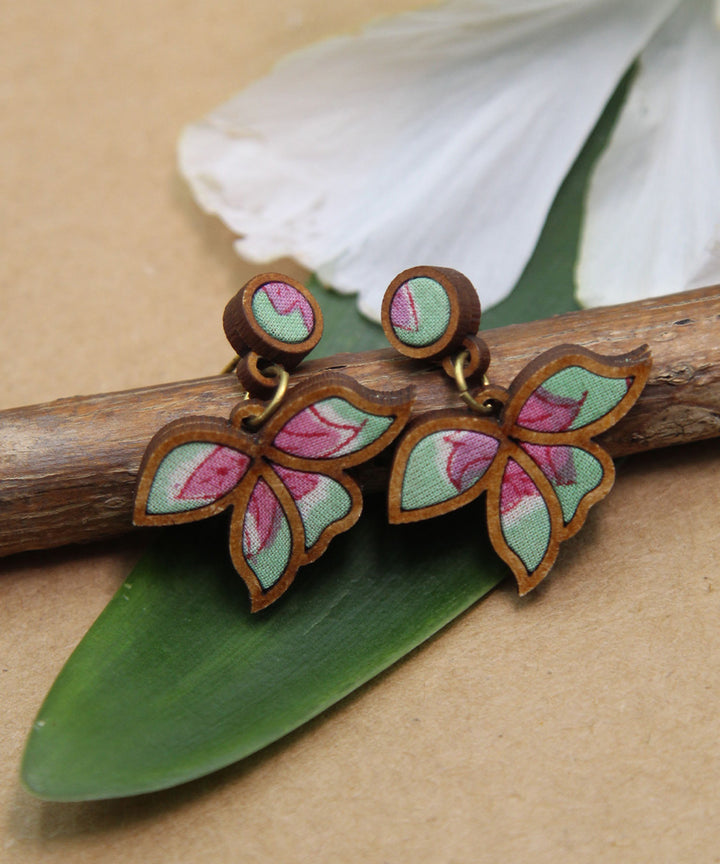 Handcrafted lavender green leaf motif fabric and wood earring