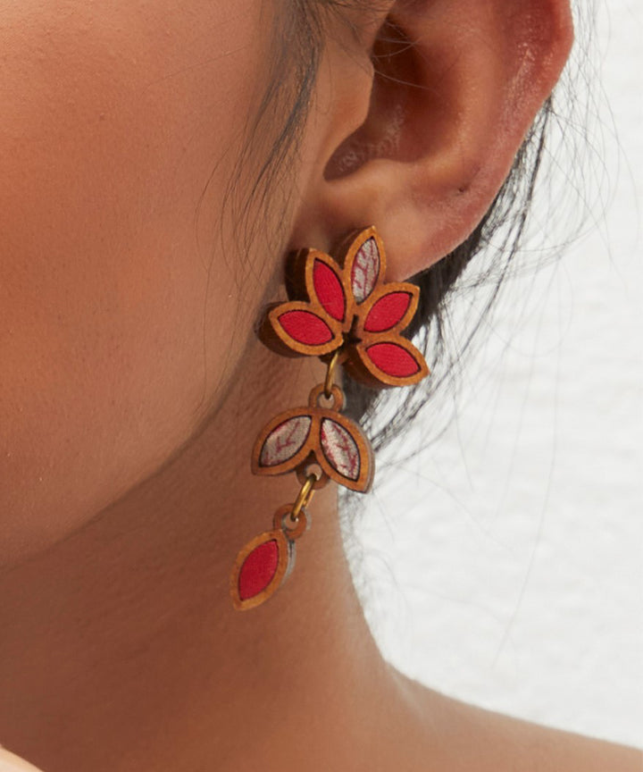 Handcrafted red grey leaf motif fabric and wood earring