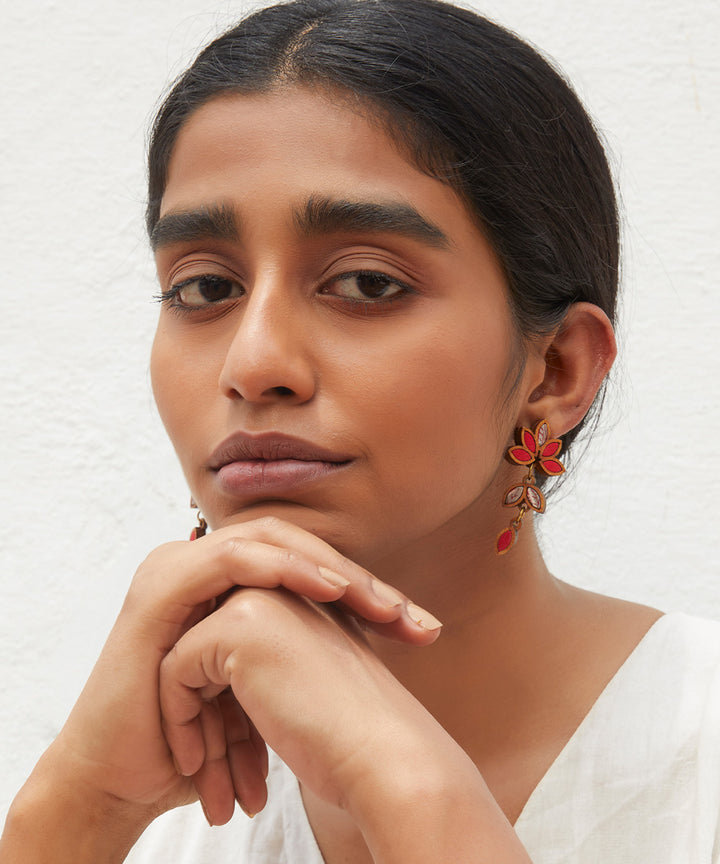 Handcrafted red grey leaf motif fabric and wood earring