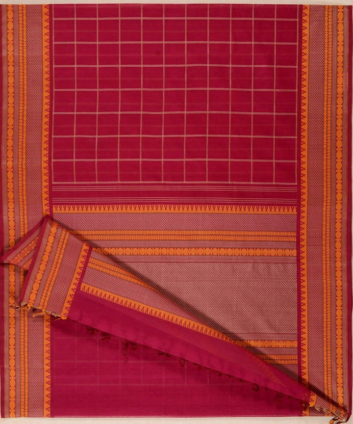 Dark red handloom kanchi cotton saree checks and broad lace border